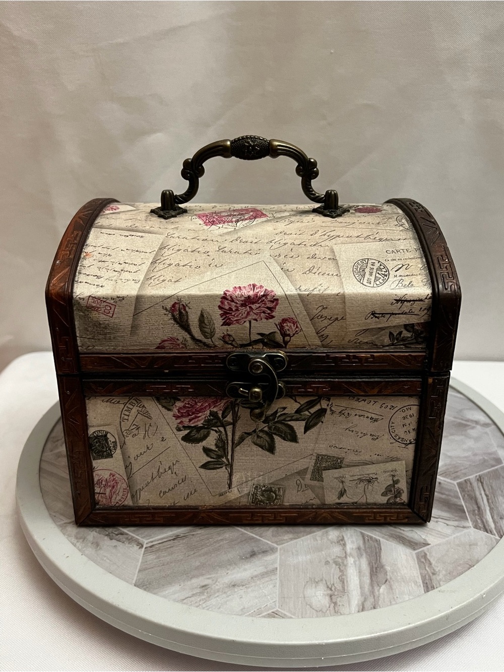 Vintage Style Wooden Floral Postcard Treasure Chest Storage Jewelry Box